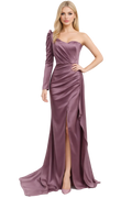 Purple one-shoulder evening gown with a high slit on a white background