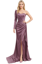 Purple one-shoulder evening gown with a high slit on a white background