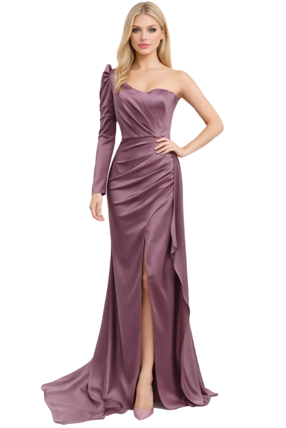 Purple one-shoulder evening gown with a high slit on a white background
