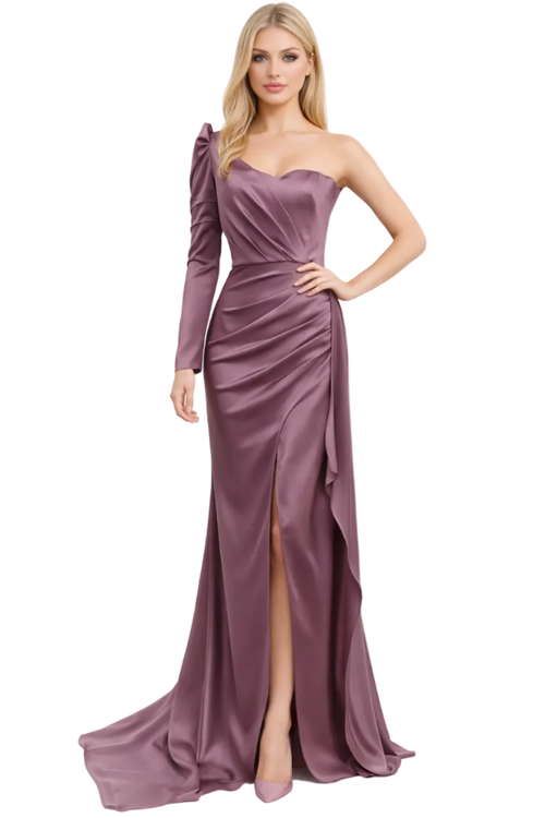 Purple one-shoulder evening gown with a high slit on a white background