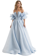 Bossa Nova Couture Blue Organza Evening Gown Handmade Off-Shoulder Luxury Dress