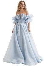 Bossa Nova Couture Blue Organza Evening Gown Handmade Off-Shoulder Luxury Dress