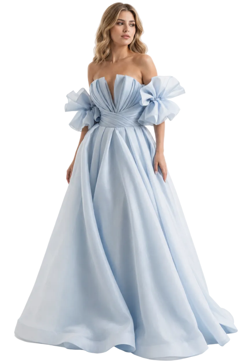 Bossa Nova Couture Blue Organza Evening Gown Handmade Off-Shoulder Luxury Dress