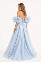 Bossa Nova Couture Blue Organza Evening Gown Handmade Off-Shoulder Luxury Dress