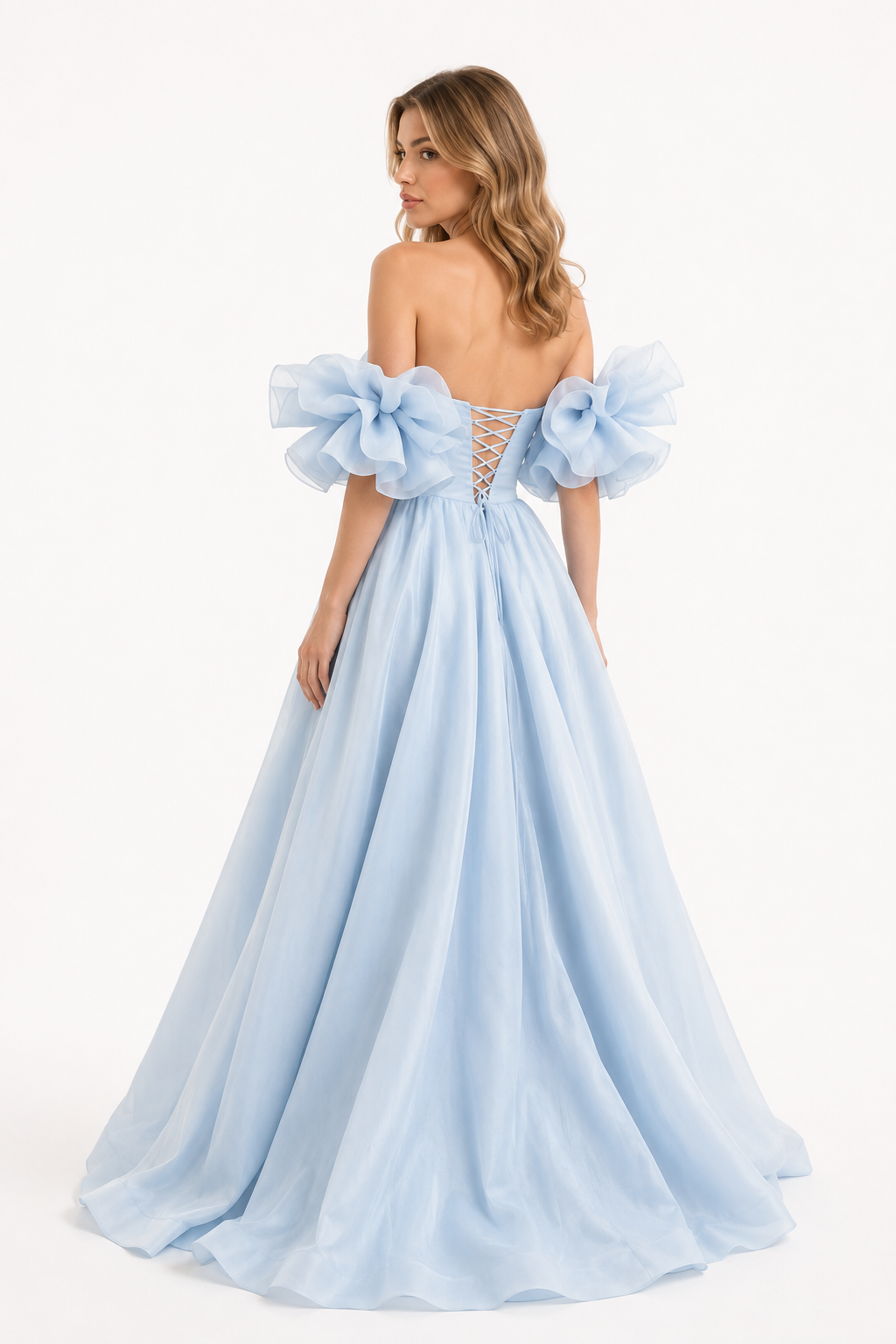 Bossa Nova Couture Blue Organza Evening Gown Handmade Off-Shoulder Luxury Dress