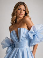 Bossa Nova Couture Blue Organza Evening Gown Handmade Off-Shoulder Luxury Dress