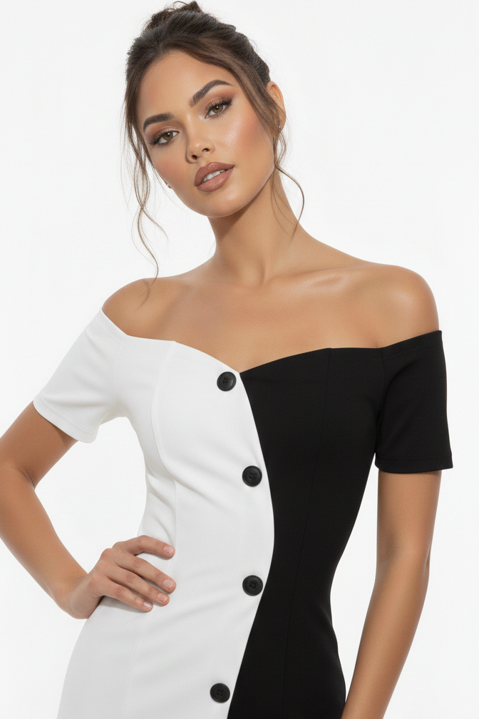 Woman wearing a black and white off-shoulder dress on a white background