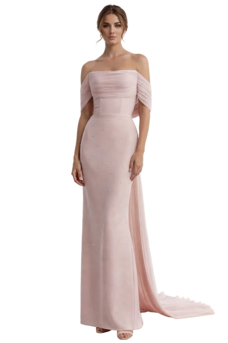 Woman wearing a pink off-shoulder gown on a white background