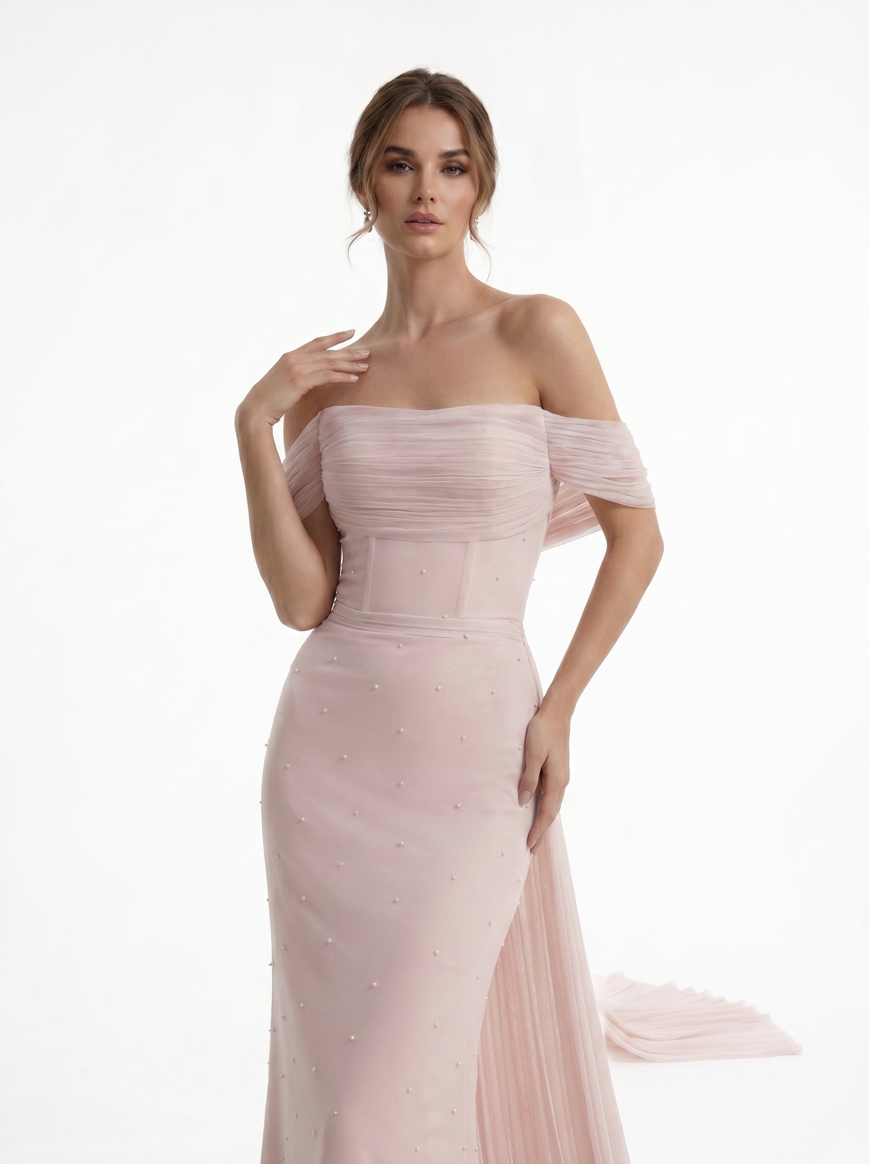 Velina Rosa Blush Off-Shoulder Dress Luxury Elegant Evening Gown