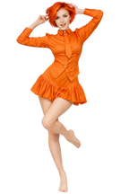 Woman wearing an orange dress posing on a white background