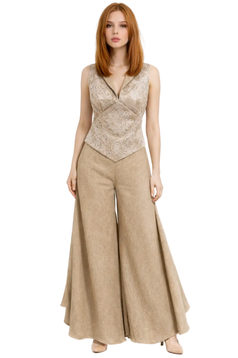 Woman wearing a beige sleeveless top and wide-leg pants on a white background