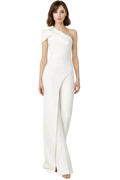 Woman wearing a white one-shoulder dress on a white background