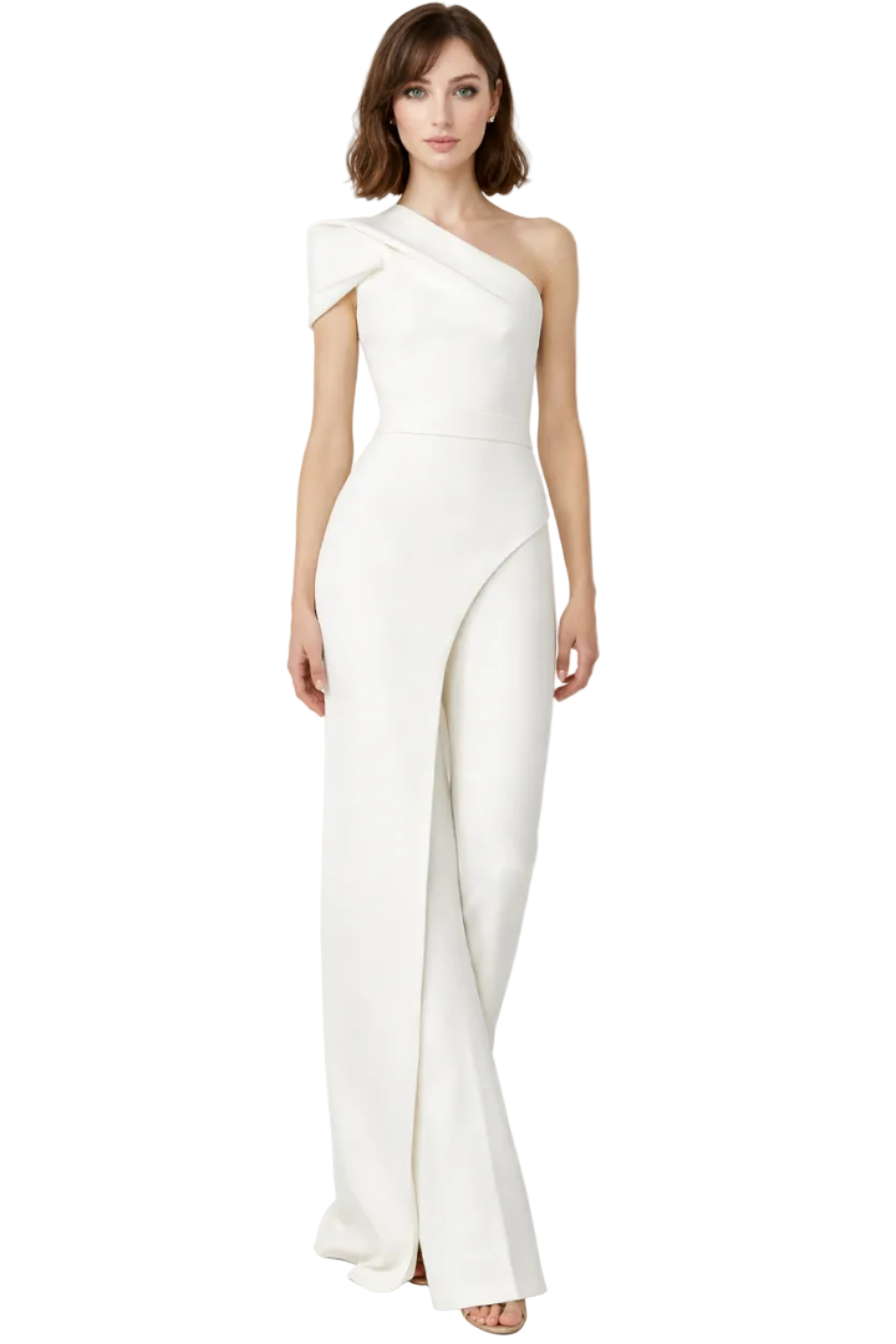 Woman wearing a white one-shoulder dress on a white background