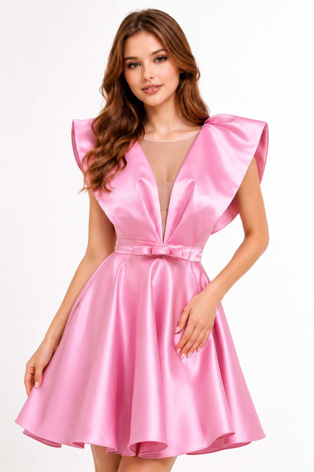 Payella Satin Mini Dress With Original Sculpted Collar And Flared Skirt