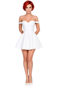 Woman wearing a white off-shoulder dress on a white background