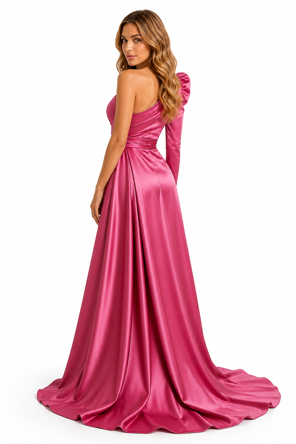 Catalina Lux Satin One-Shoulder with Outstading Drappe and long Train Gown