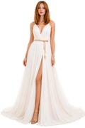 Woman wearing a white gown with a gold belt on a white background