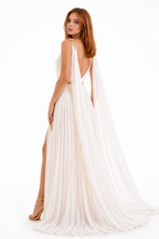 Athena Grace Ivory Goddess White Pleated Evening Dress with Goldness Details