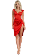 Woman wearing a red dress on a white background
