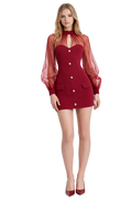 Woman wearing a red dress with sheer sleeves on a white background