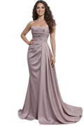 Woman wearing a strapless, floor-length mauve gown on a white background