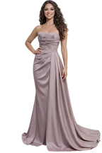 Woman wearing a strapless, floor-length mauve gown on a white background