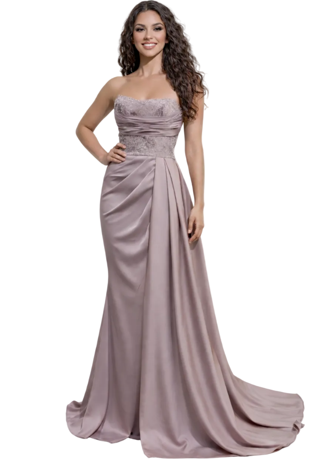 Woman wearing a strapless, floor-length mauve gown on a white background