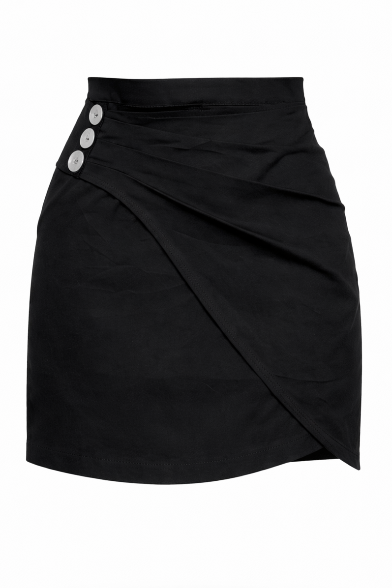Black skirt with button details on a white background