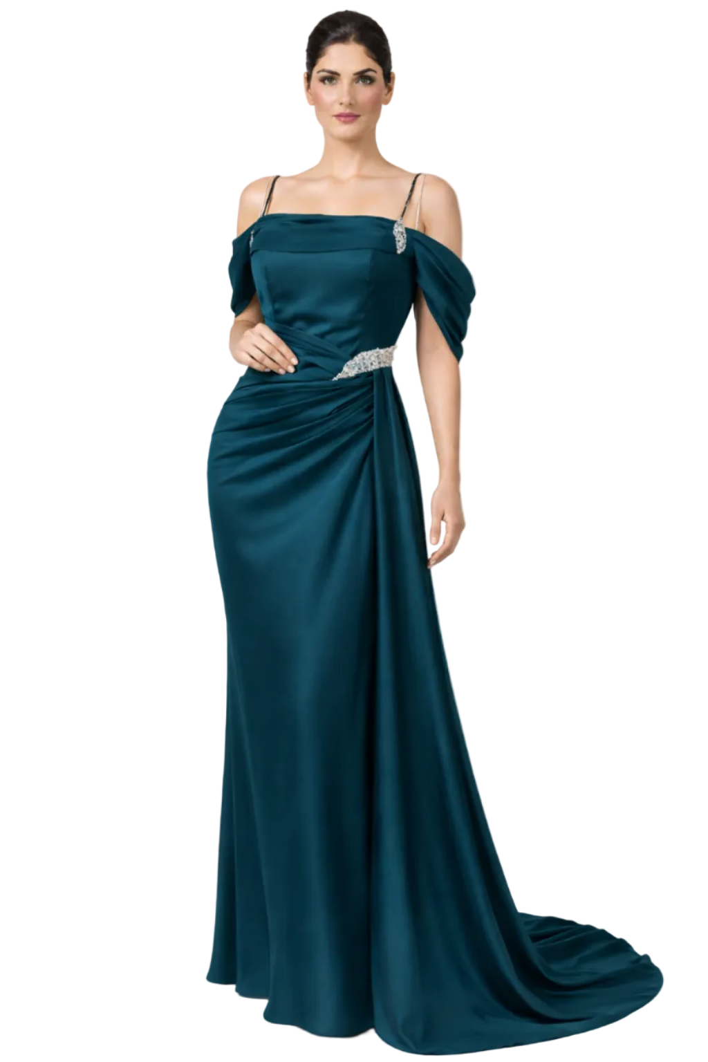 Woman wearing a teal evening gown with a white background