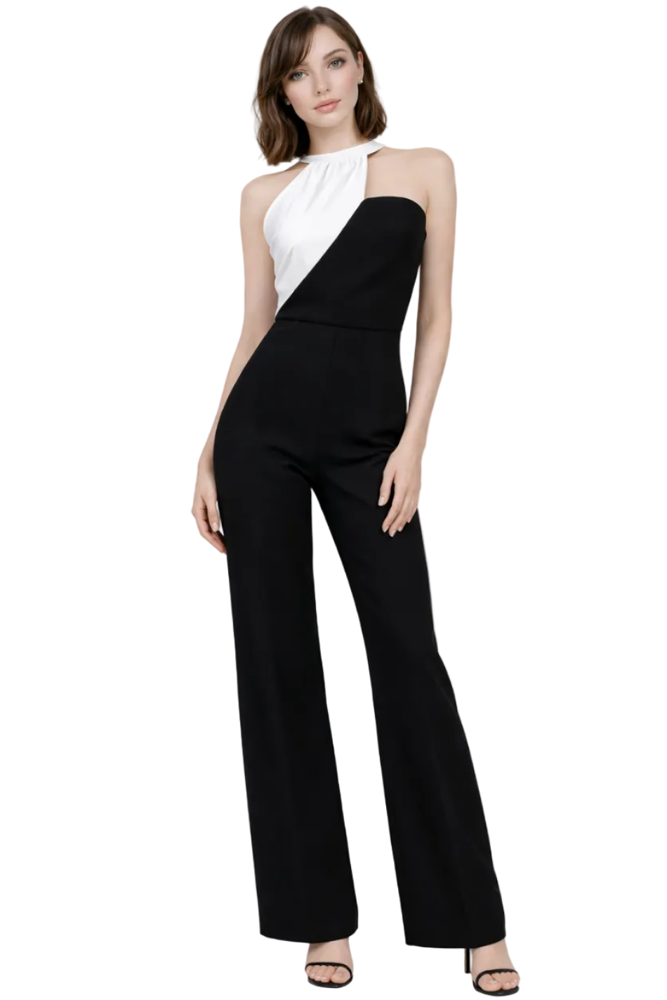 Woman wearing a black and white jumpsuit on a white background