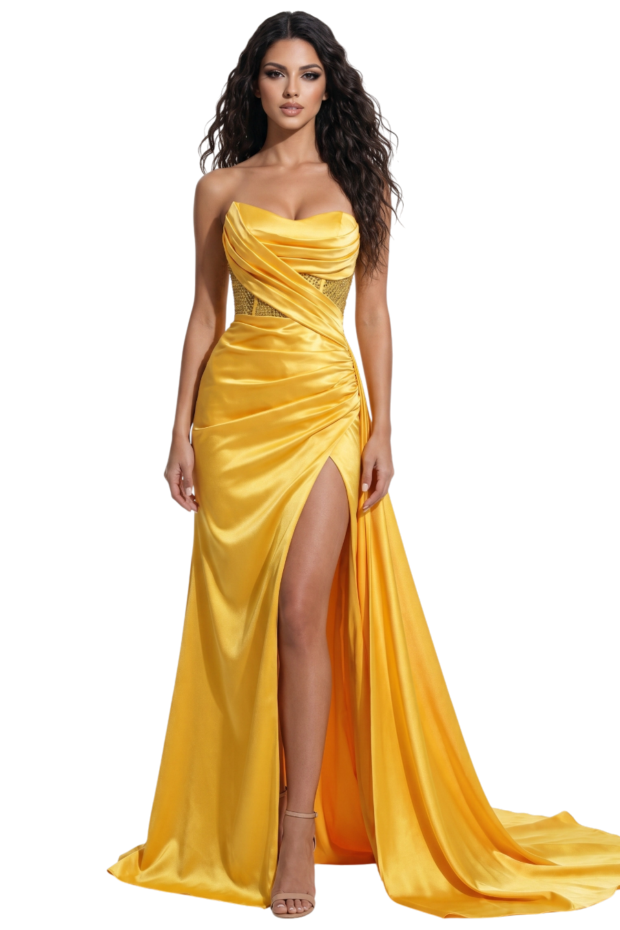 Woman wearing a yellow evening gown with a slit on a white background